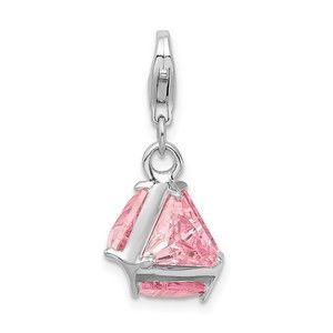 925 Sterling Silver Polished 3-D Pink CZ Bracelet Charm with Fancy Lobster Clasp